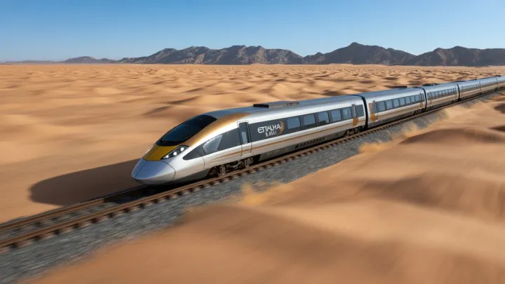 БАӘ-де іске қосылатын Etihad Rail жолаушылар пойызы станцияда тұр
